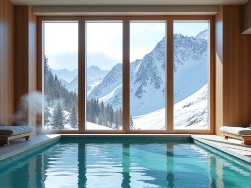 Innenpool mit grossen Fenstern und Blick auf die verschneite Landschaft.